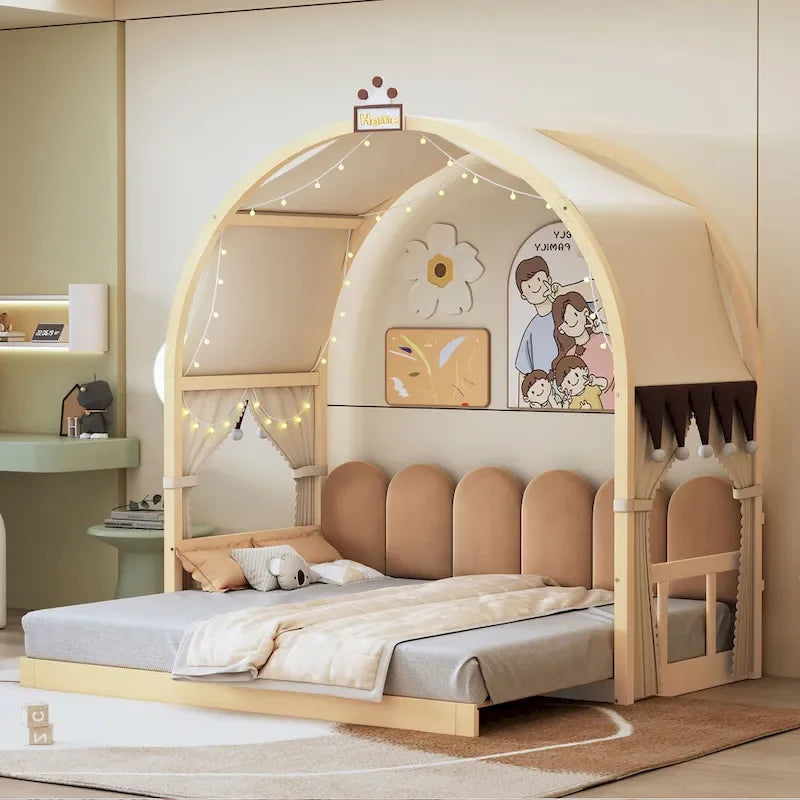 Massivholz-Spielhaus-Plattformbett, Montessori-Bettrahmen mit gewölbtem Dach und Ausziehbett für Mädchen und Jungen