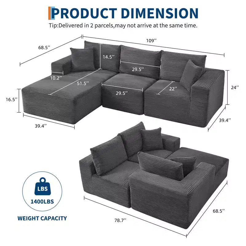 108 Modernes Sofa, 3-Sitzer Polster Ecksofa mit Kissen, Tiefes Sofa, Keine Montage Erforderlich