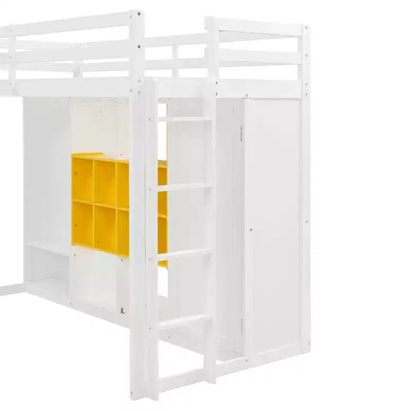 Hochbett für Kinder mit Kleiderschrank und Regalen, Holz-Hochbettgestell mit Aufbewahrungsschrank für Kinder und Jugendliche