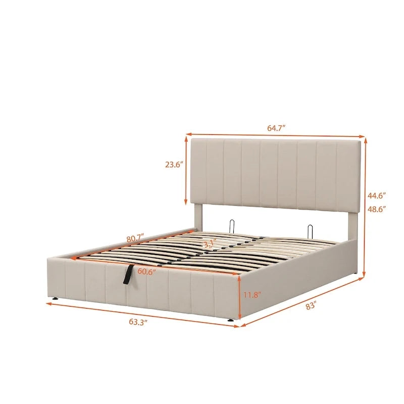 Queen-Size-Polster-Plattformbett mit hydraulischem Aufbewahrungssystem – Beige