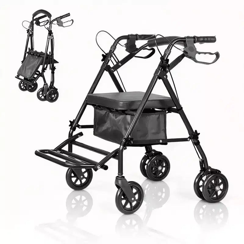 Tragbarer, zusammenklappbarer Rollstuhl für Erwachsene, 135 kg Tragkraft, 6 Räder, höhenverstellbar, Stauraum unter dem Sitz, bequemer Sitz und Fußpedal