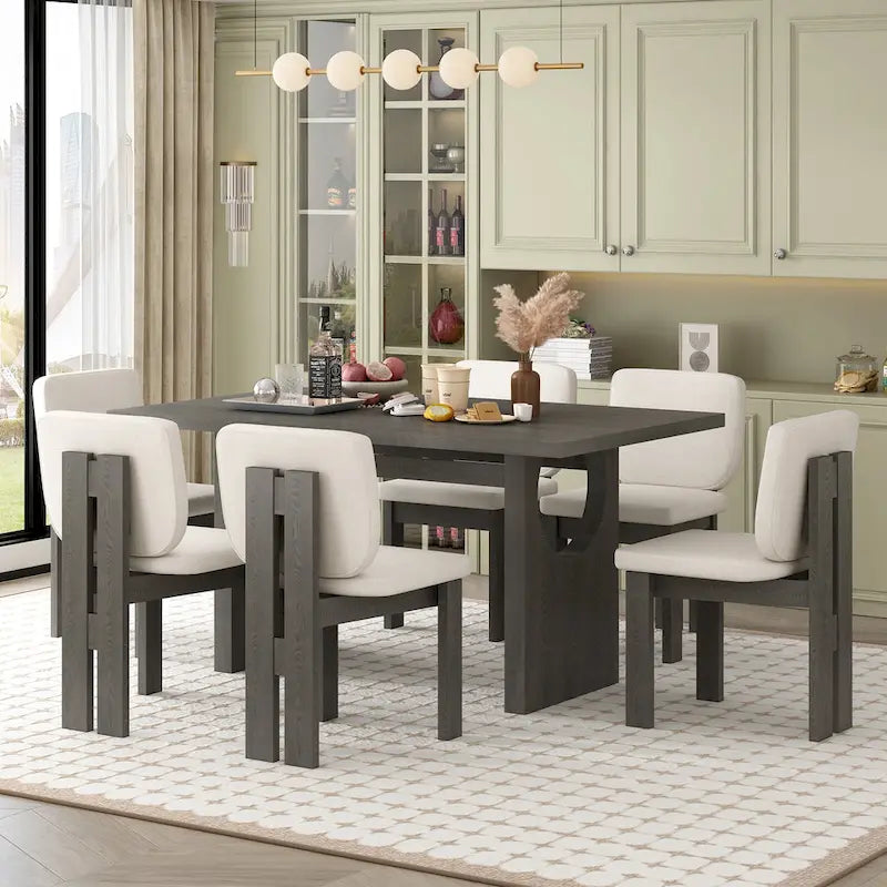 7-teiliges Esszimmer-Set aus Holz im Übergangsstil mit rechteckigem Tisch und 6 Stühlen