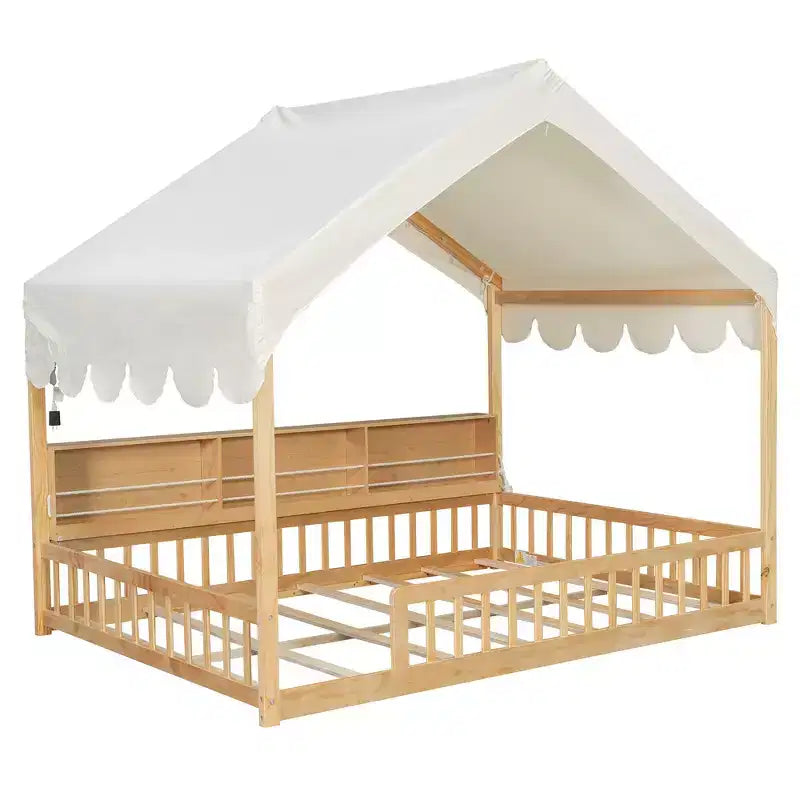 Whisen Vollholz-Bettgestell, Hausbett mit Zaun, 3 Aufbewahrungsregale, Vorhang