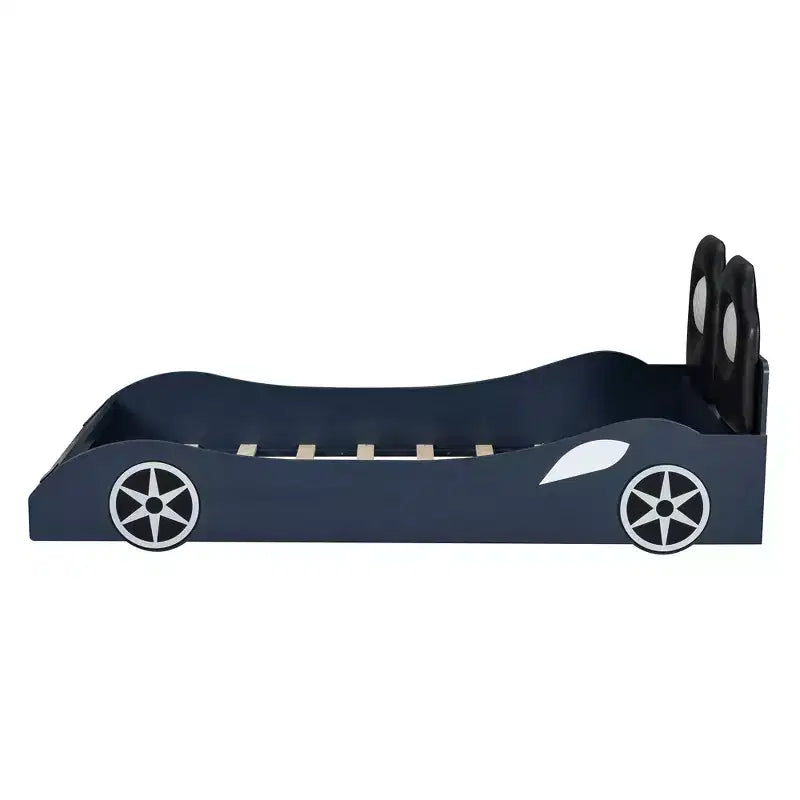 Whisen Wood Plattformbett in Rennwagen-Form, Twin-Größe, mit LED-Beleuchtung und gepolsterter Rückenlehne
