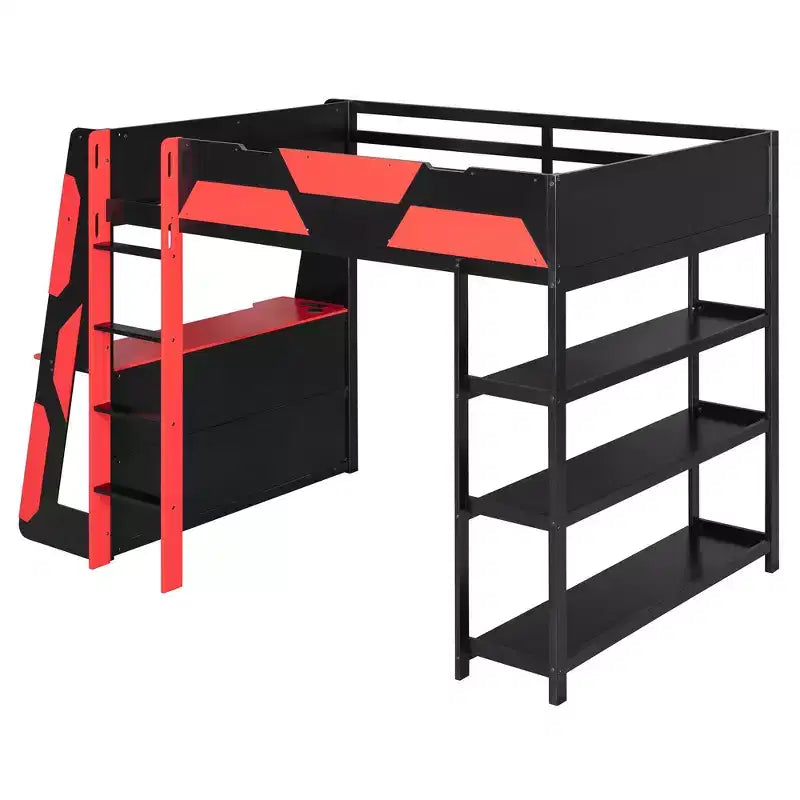 Luxystar Gaming-Hochbett mit Schreibtisch, Ablageregalen und Beleuchtung