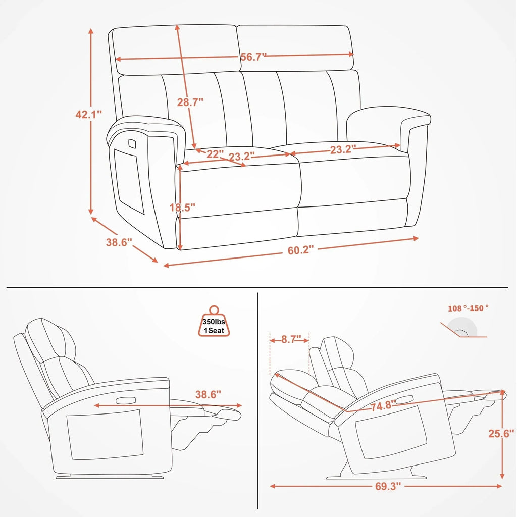 MCombo 60.2 Power Loveseat Relaxsofa mit Massage und zweifacher Heizung, verstellbarer Kopfstütze, USB- & Typ-C-Anschluss, Stoff