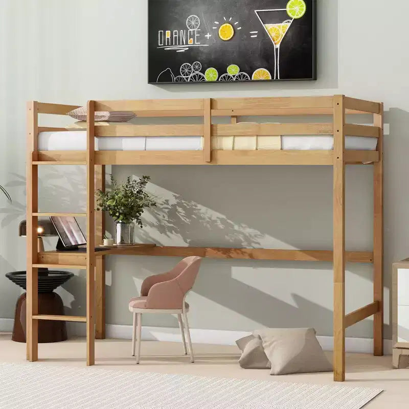 Okak Minimalism Hochbett mit Leiter, Hochbett aus Kautschukholz mit Sicherheitsgeländer und integriertem Schreibtisch, Bettrahmen für Kinder, Jugendliche