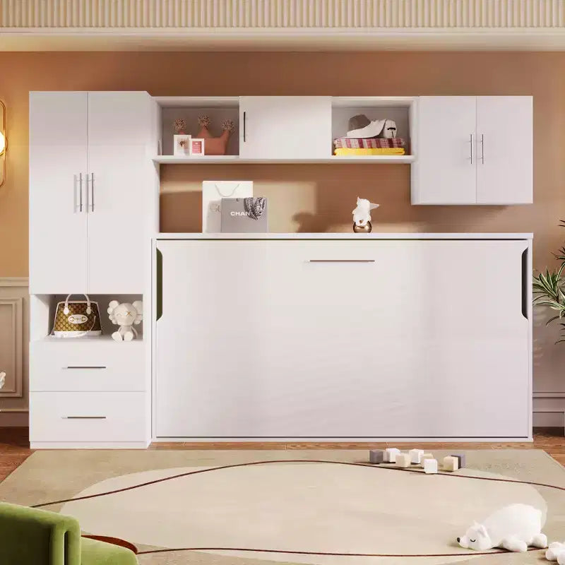 Murphy-Bettrahmen in Einzelbettgröße, Holzschrankbett mit integriertem Kleiderschrank, Aufbewahrungsschubladen und offenen Regalen, Weiß – ModernLuxe