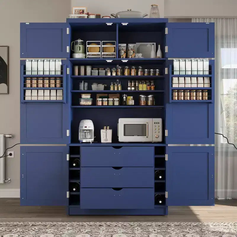 Hoher Küchenschrank mit Steckdosen, großer freistehender Schrank mit Mikrowellenständer, Schubladen, Regalen, Weinregalen und Türregal