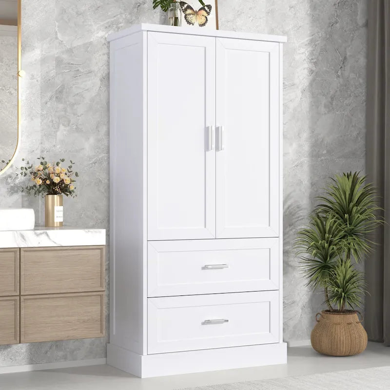 Hoher Badezimmerschrank, Schrank mit zwei Türen und Schubladen, verstellbarem Regal, MDF-Platte