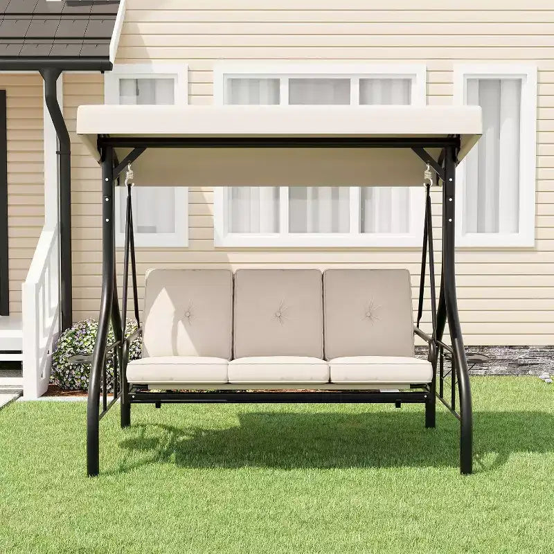 2-in-1 Cabrio 3-Sitzer Hollywoodschaukel mit verstellbarem Dach, Terrassenschaukelbett mit Gestell, dicken Kissen und Getränkehaltern, für Garten, Terrasse, Veranda