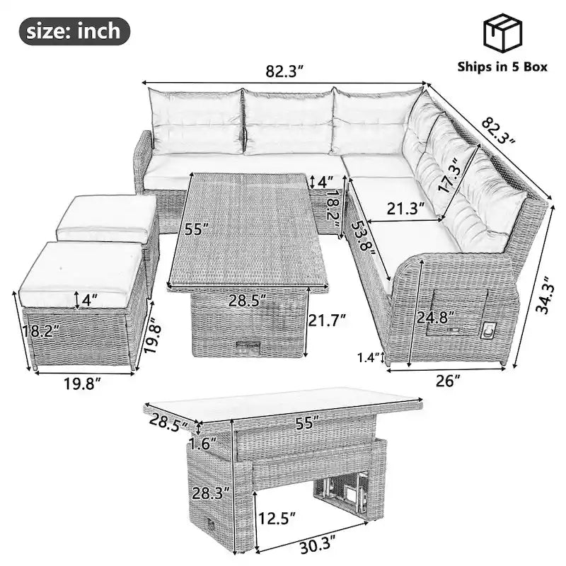 Outdoor-Rattan-Garnitur mit verstellbarem Tisch, Liegesesseln und 2 Hockern