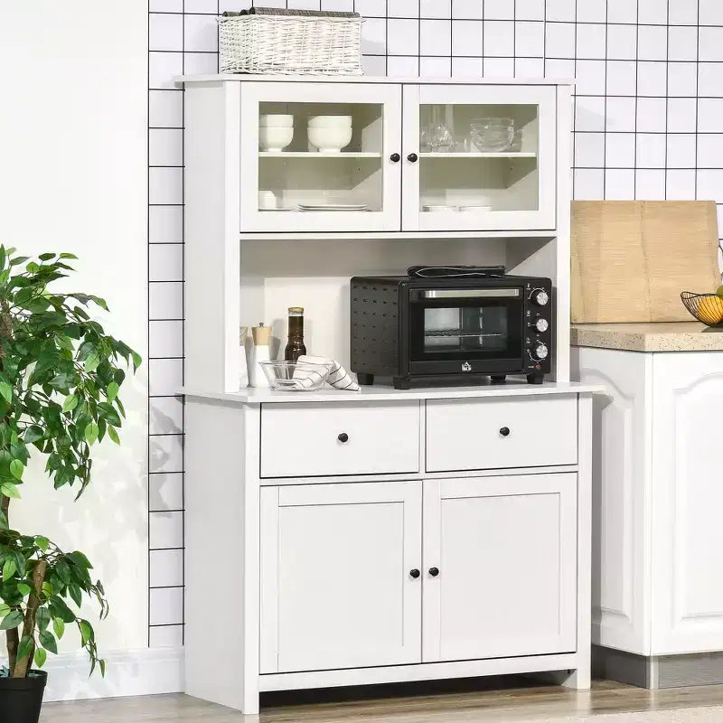 HOMCOM Küchenbuffet 63,5 mit Aufsatz, Vorratsschrank mit 4 Einlegeböden, Schubladen, gerahmten Glastüren, offener Mikrowellenablage