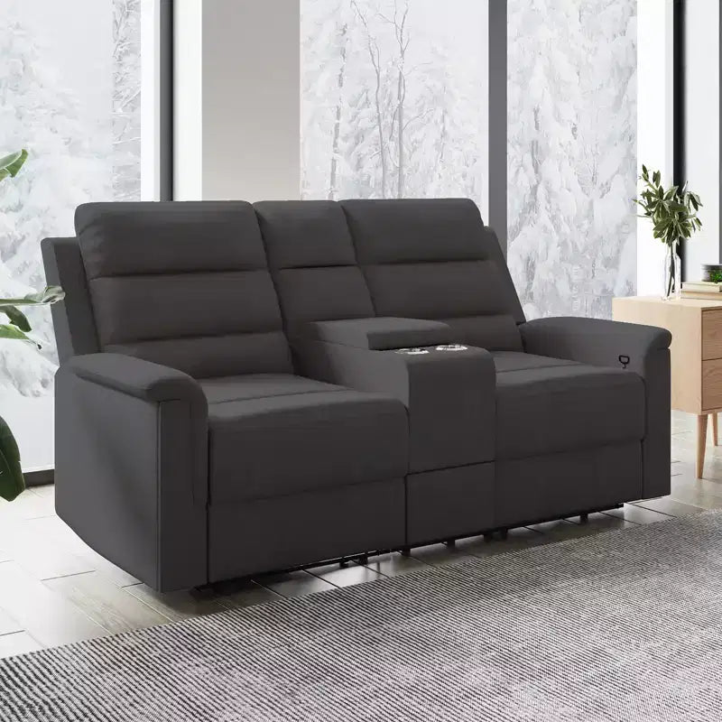 Beige/Graues 2-Sitzer Sofa mit Relaxfunktion aus Tech-Stoff, verstellbare Rückenlehne & Fußstütze