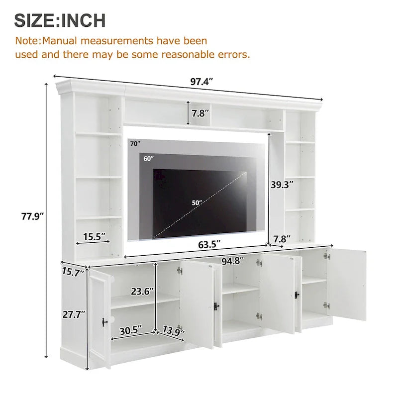 4-teilige Wohnwand mit Brücke für TVs bis zu 70 Zoll, TV-Schrank mit verstellbaren Einlegeböden, große Medienkonsole