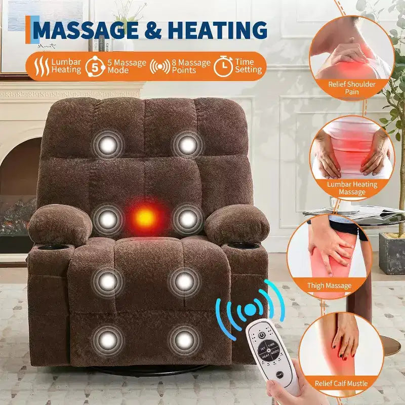 Übergroßer Relaxsessel für Erwachsene, Manueller Dreh-Schaukelsofa, Seitentaschen & Getränkehalter für Große und Schwergewichtige, Wohnzimmer