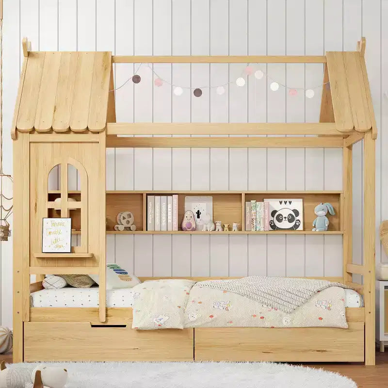 Haus-Plattformbett mit Aufbewahrungsschubladen und Fenster, Massivholzrahmen mit Regalen, kindgerechtes, lustiges Design, Hellweiß