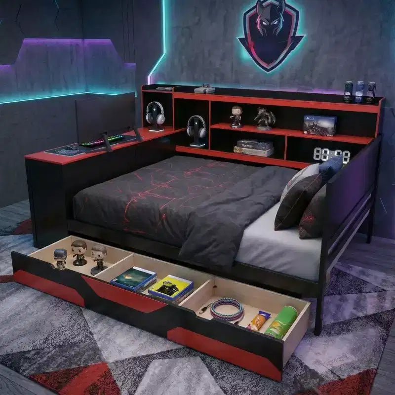 Gamer Hub Tagesbett mit Schreibtisch, RGB-Beleuchtung, Ladestation, Schubladen und Bücherregal-Kopfteil