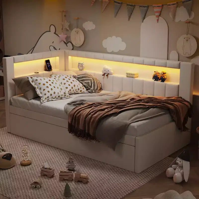 Einzel-/Doppel-Tagesbett mit Ausziehbett und L-förmigem Bücherregal-Kopfteil, gepolstertes Eckbett aus Leinen mit Ablageregalen und LED-Beleuchtung
