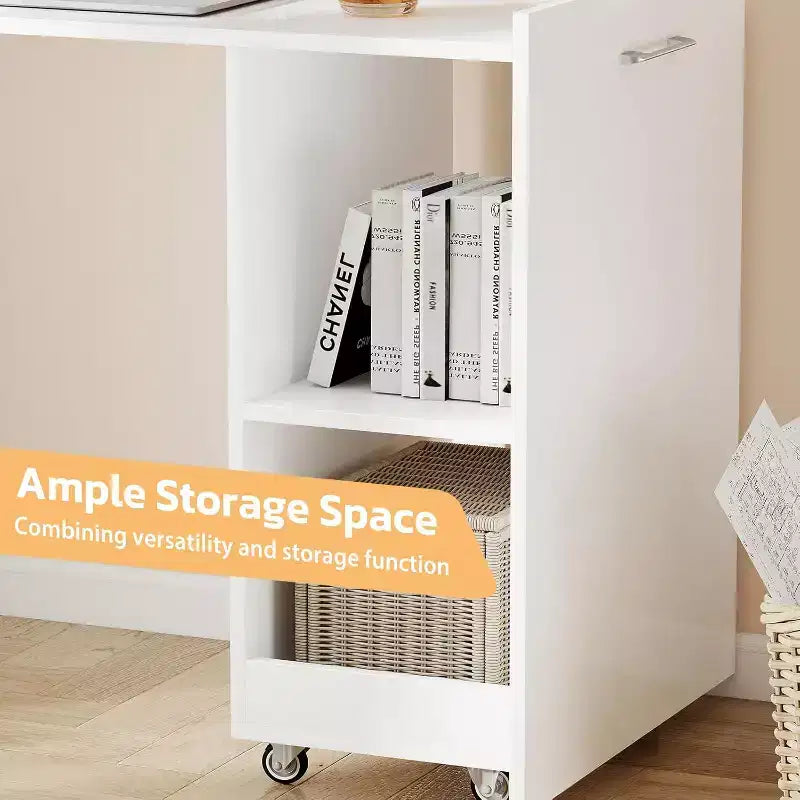 MooxvMoo Ausziehbarer Schreibtisch mit Ablageflächen und Rollen, klappbarer Computertisch für kleine Wohnungen und Home Offices, Weiß