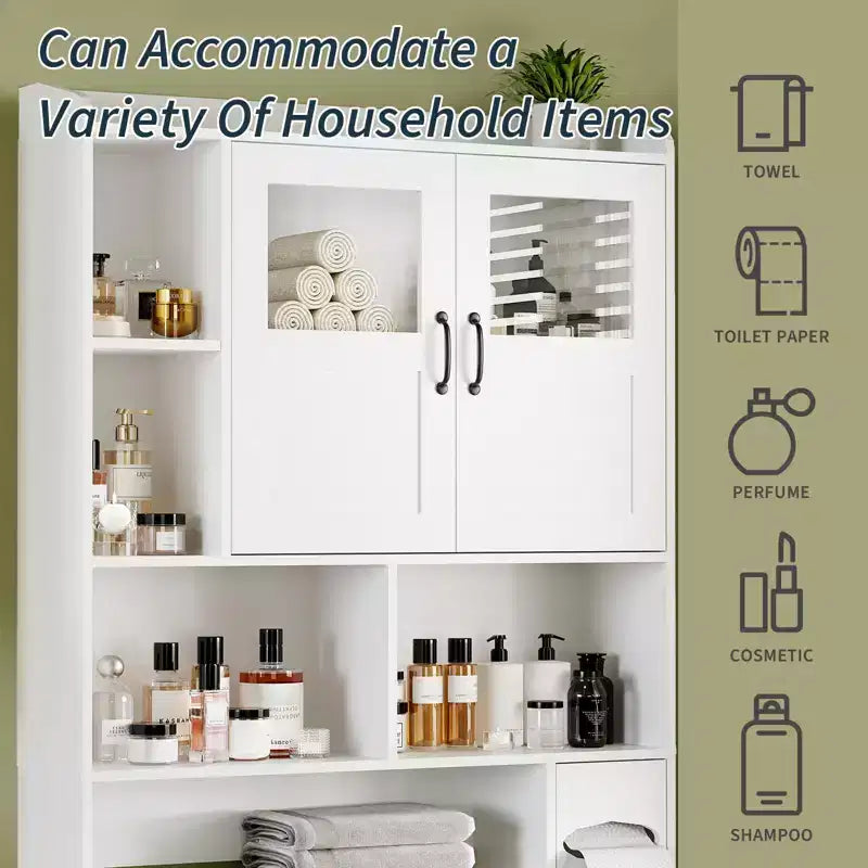 Badezimmerschrank über der Toilette – 171 cm hoher Badezimmer-Organizer im Landhausstil mit verstellbarem Regal und Glastür für Bad und Waschküche