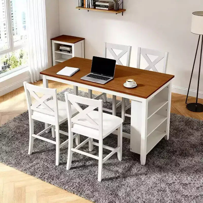 Homy Casa 5-teiliges Essgruppe im Thekenmaß mit Stauraumregalen, Weiß und Walnuss, moderner Landhausstil