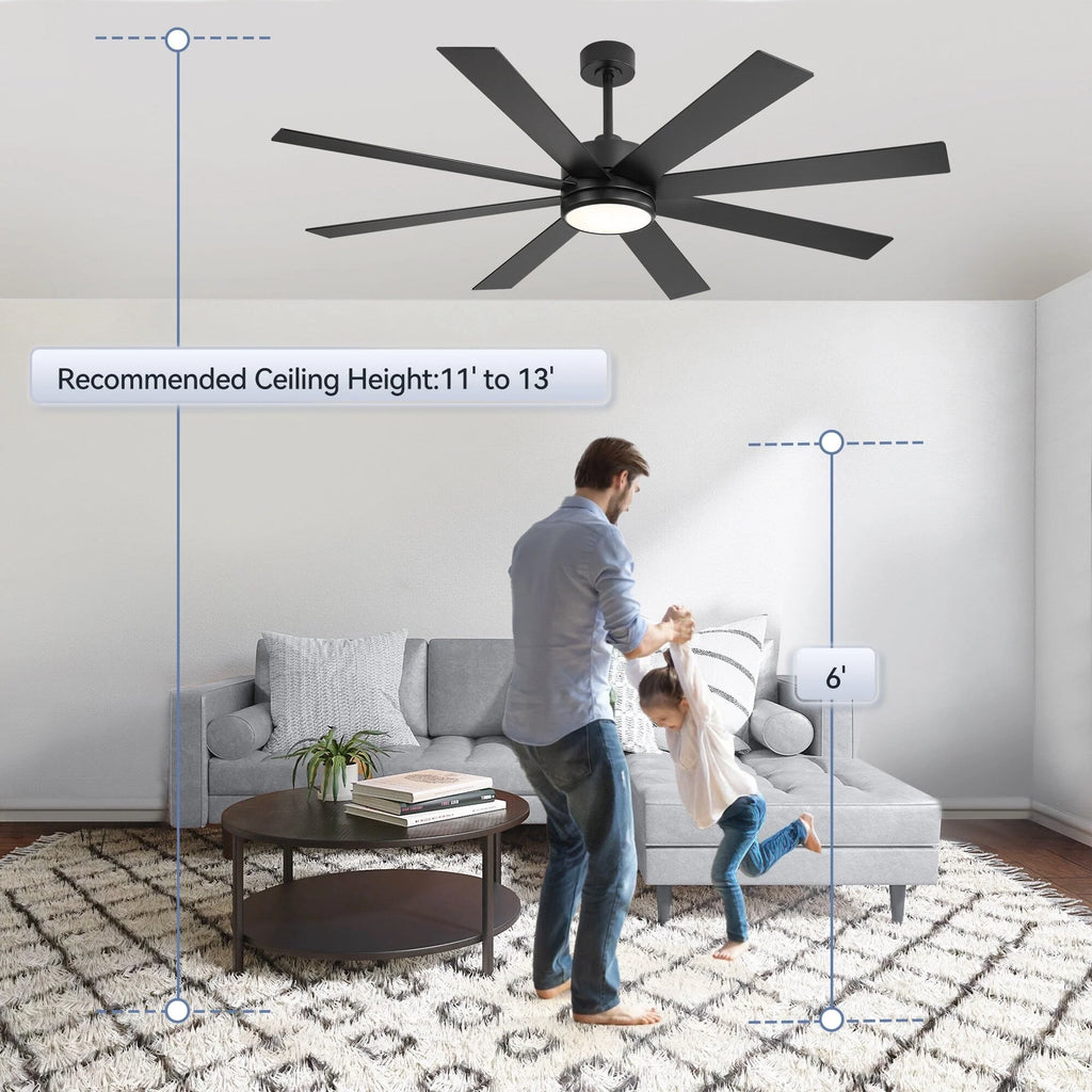 65-Zoll-LED-Deckenventilator mit 8 Flügeln, Licht und Fernbedienung, Schwarz