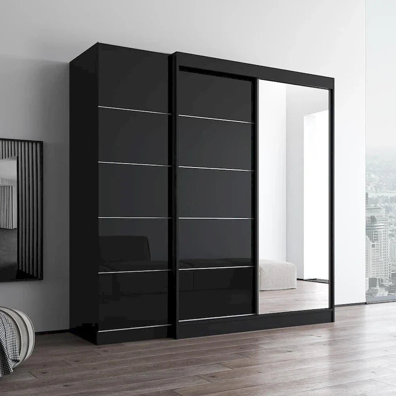 2-türiger Kleiderschrank mit Spiegel, Glasfront, 2-Personen (Grau / Schwarz / Weiß)