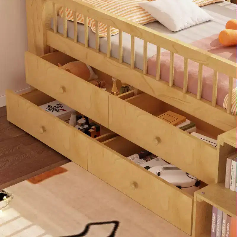 Whisen niedriges Etagenbett mit LED-Beleuchtung, Kopfteil in Hausform und Aufbewahrungsschubladen, solide Konstruktion
