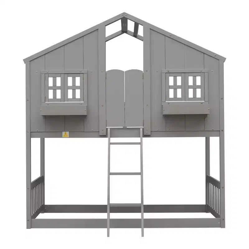 Doppel-Loftbett in Hausform, Holzspielhaus-Loftbett mit Leiter und Schutzgittern für Kinder