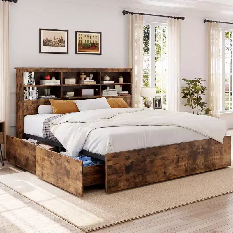Doppelbettgestell mit Stauraum-Kopfteil, Holzbettrahmen mit 4 Schubladen, Stauraum-Bücherregal & King-Size-Plattformbett mit starker Metallunterstützung