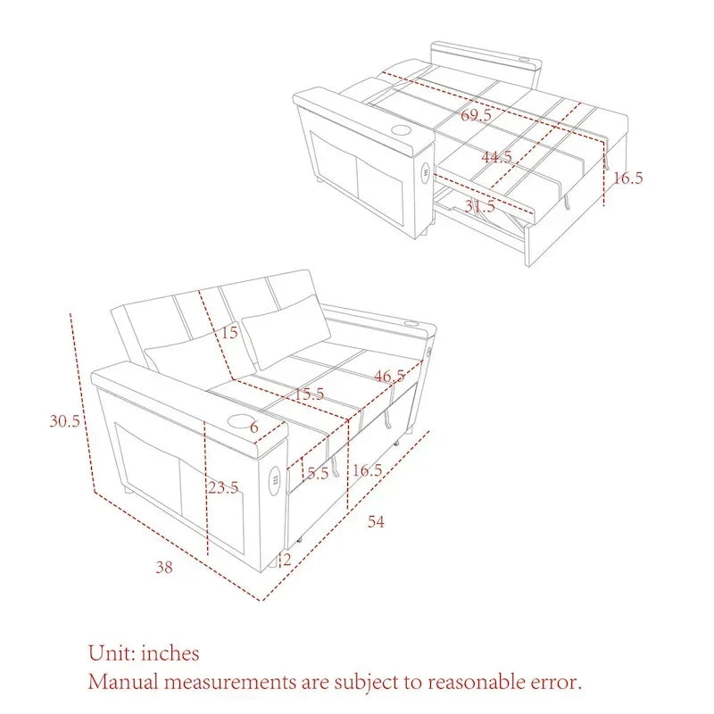 54 Schlafsofa zum Ausziehen, 2-Sitzer-Schlafsofa mit Stauraum, Lendenkissen, USB-Steckdose
