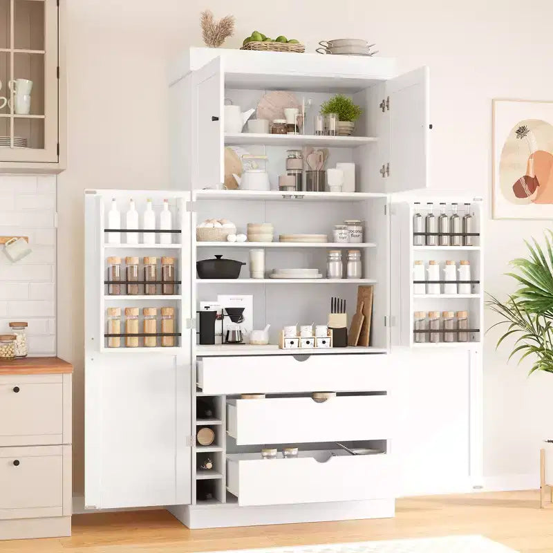 77H Freistehender Küchenschrank, Bauernhaus-Vorratskammer mit verstellbaren Einlegeböden, Türablagen, Schubladen und Weinregalen – ModernLuxe