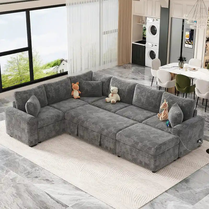 Chenille Ecksofa mit Ausziehfunktion, L-förmiges Schlafsofa mit Stauraum-Ottomane, 3 Kissen und Ladevorrichtungen