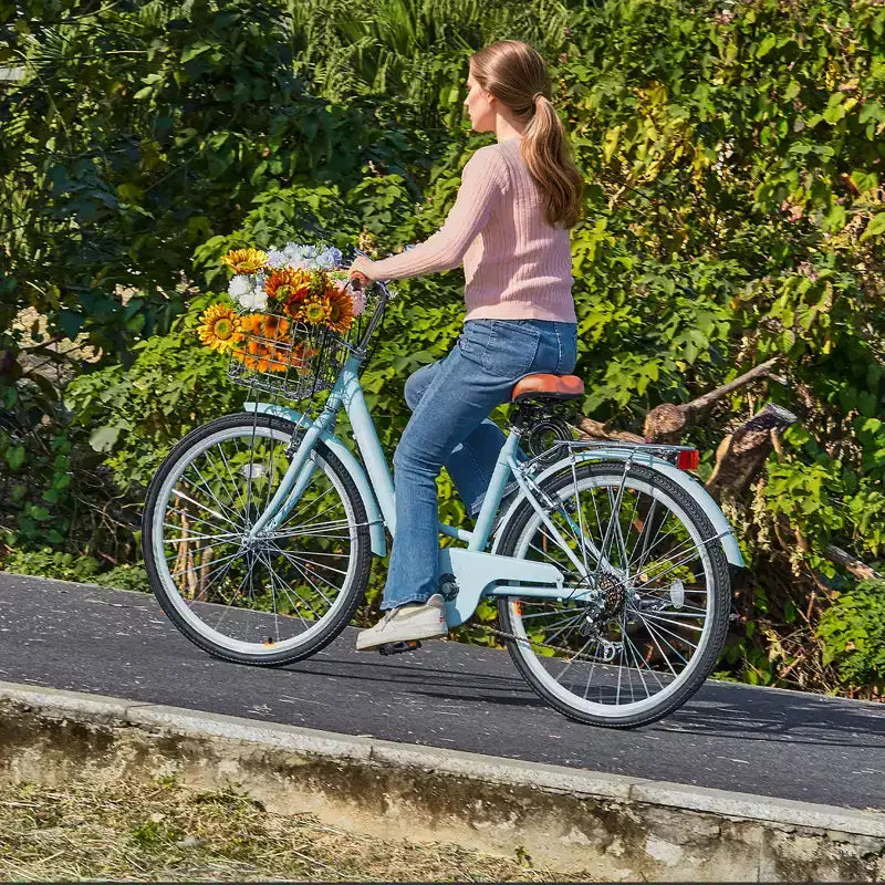 VEVOR Cruiser Bike, 7-Gang, 26-Zoll Hellblaues Beach Cruiser Fahrrad mit großem Korb und Gepäckträger, sicheres & robustes Cruiser Bike, Hellblau