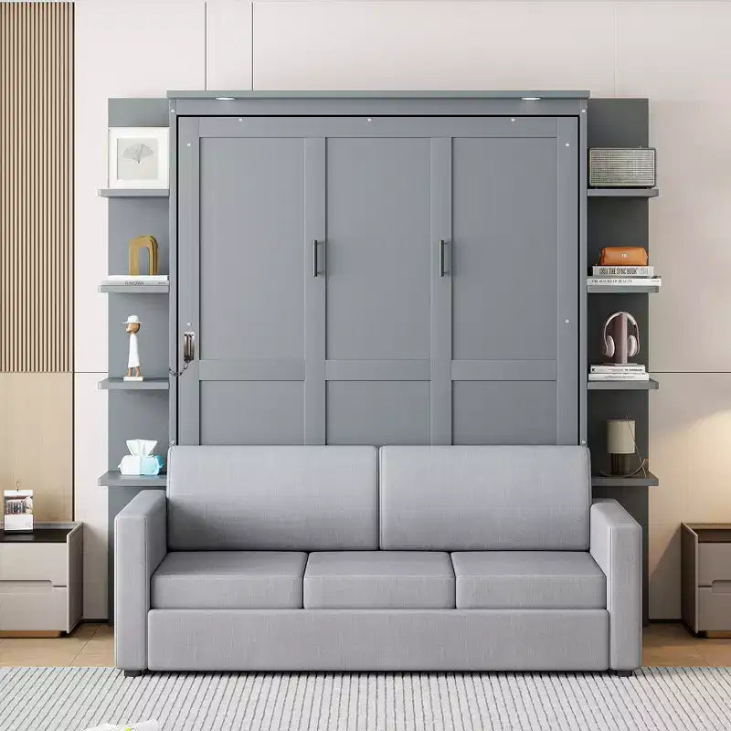 Queen Murphy-Bett Schrankbett mit Sofa, Queen-Size-Schrankbett Klappbett mit Bücherregal und Ablagen für Gästezimmer Büro