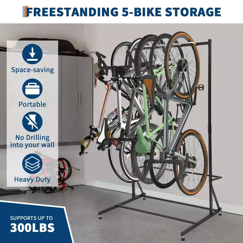 Freistehendes 5-Fahrrad-Lagerregal mit 300 lbs Schwerlastkapazität, robuster Organizer für sicheren und stabilen Fahrradhalt für Vorgärten, Hinterhöfe