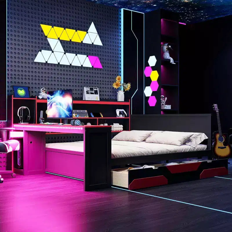 Gaming-Tagesbett (Queen-Size/Full-Size) mit Kopfteilregal, LED-Beleuchtung, integriertem Schreibtisch, Schubladen und Ladestation