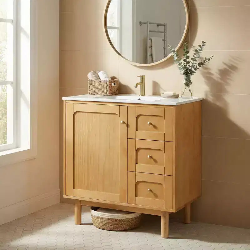 JVNOXK 75 cm Rustikaler Moderner Keramik-Waschtischunterschrank mit 3 Schubladen und 1 großer Soft-Close-Tür, Aufbewahrungsschrank, Naturholzmaserung