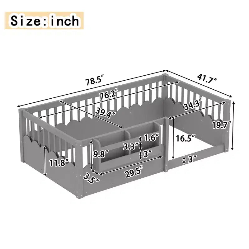 Bellemave Kinder-Bodenbett mit erhöhtem Zaun und Bücherregal, hölzernes Montessori-Bettgestell in Twin-Größe für Mädchen und Jungen