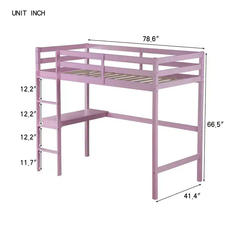 Okak Minimalism Hochbett mit Leiter, Hochbett aus Kautschukholz mit Sicherheitsgeländer und integriertem Schreibtisch, Bettrahmen für Kinder, Jugendliche