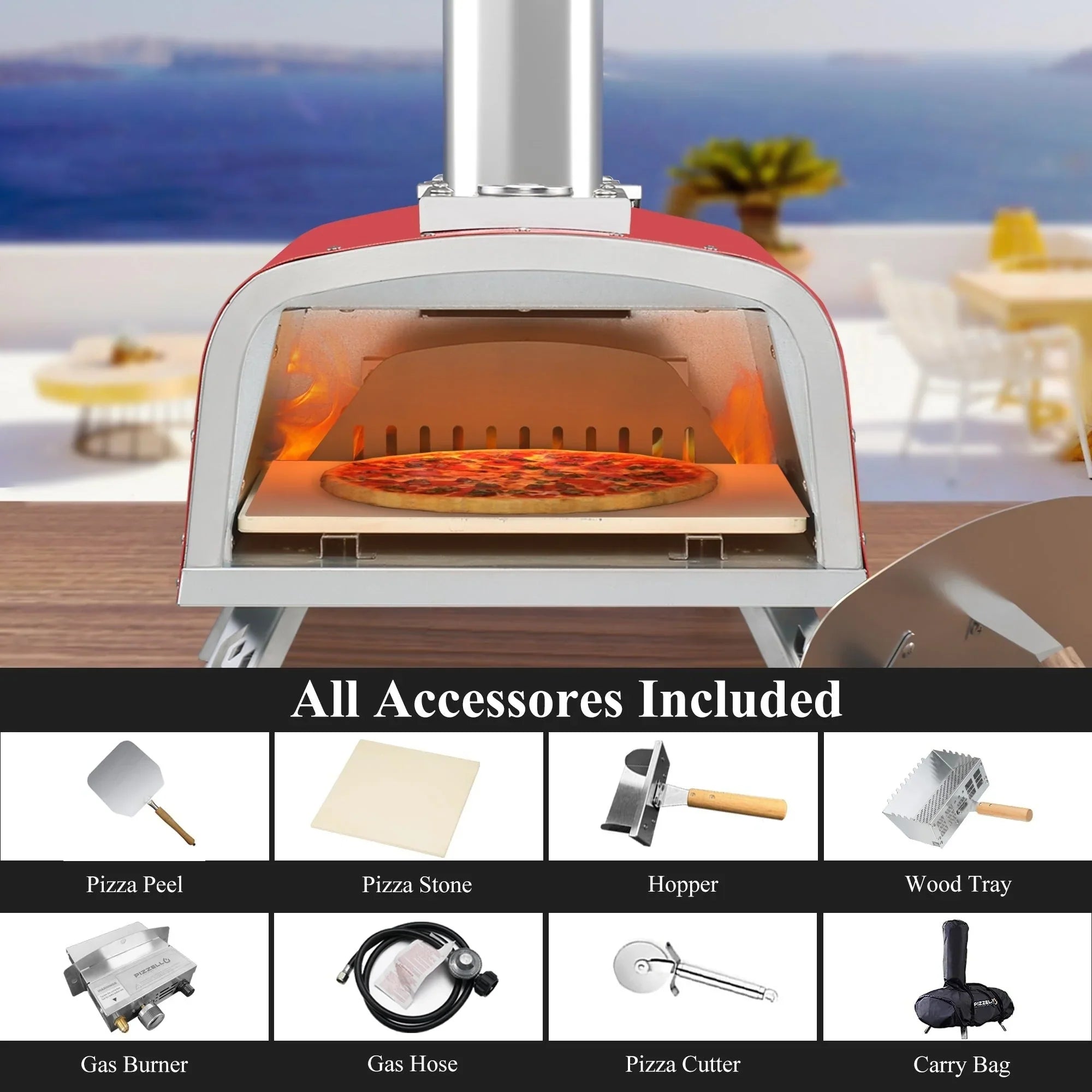 Multi-Brennstoff Outdoor Pizzaofen Steinbackofen mit Gasbrenner & Holzfach - 30 cm