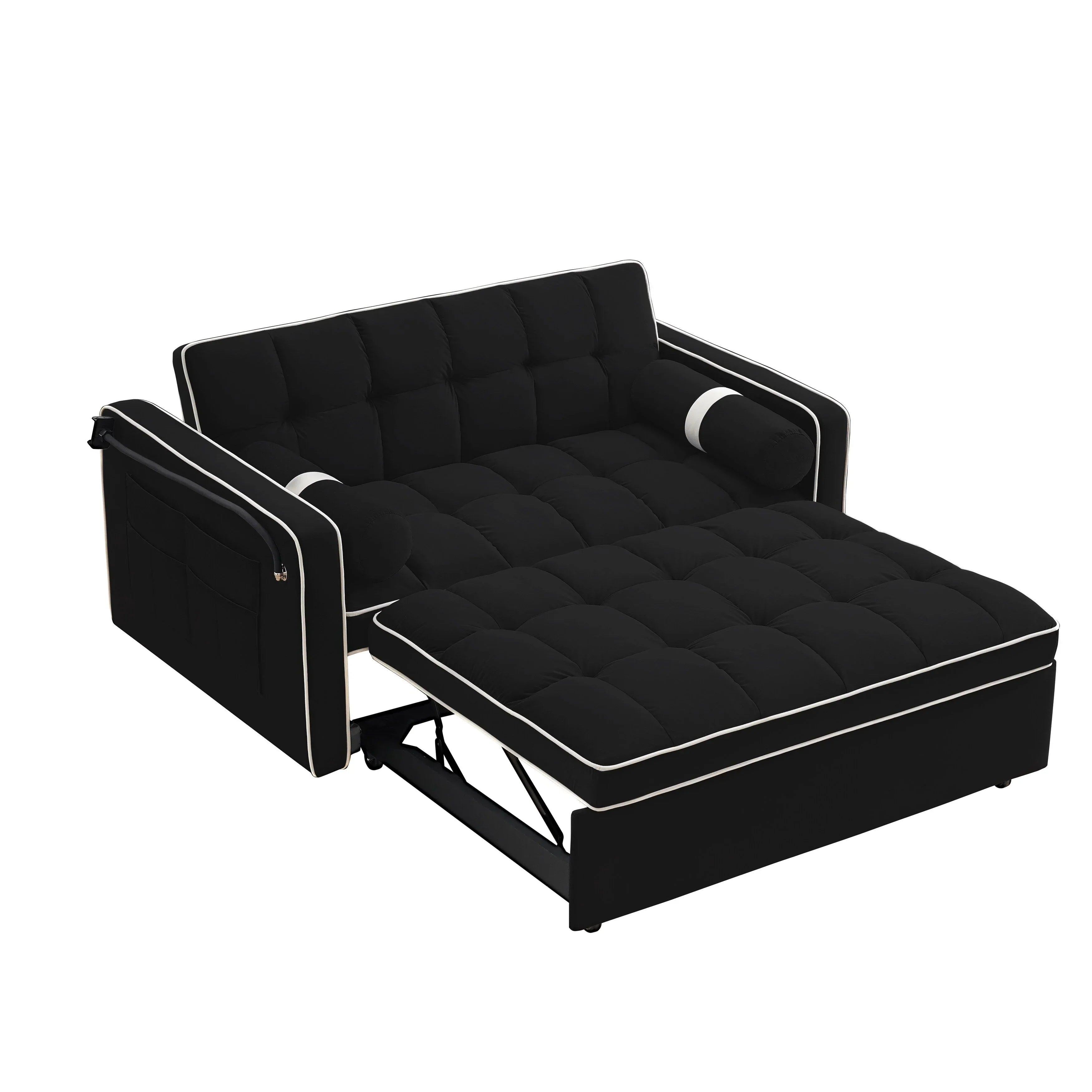 Samt-Schlafsofa zum Umbauen, 140 cm, 2-Sitzer, mit Ausziehbett, verstellbarer Rückenlehne, Seitentaschen und Handyhalterung