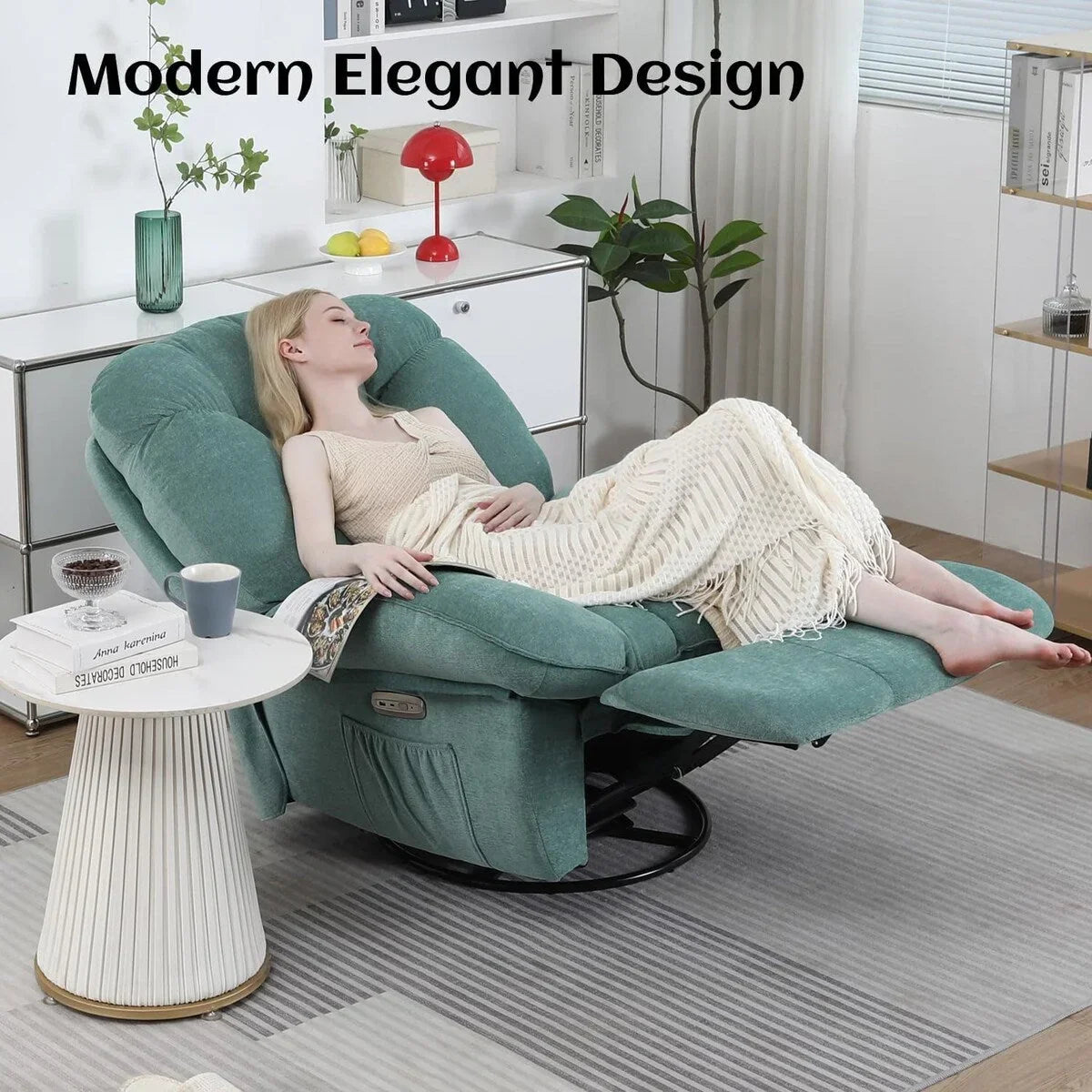 XINMICS Drehbarer elektrischer Relaxsessel, Massage-Schaukel-Liegesessel mit Heizfunktion, USB, USB-C und Seitentasche
