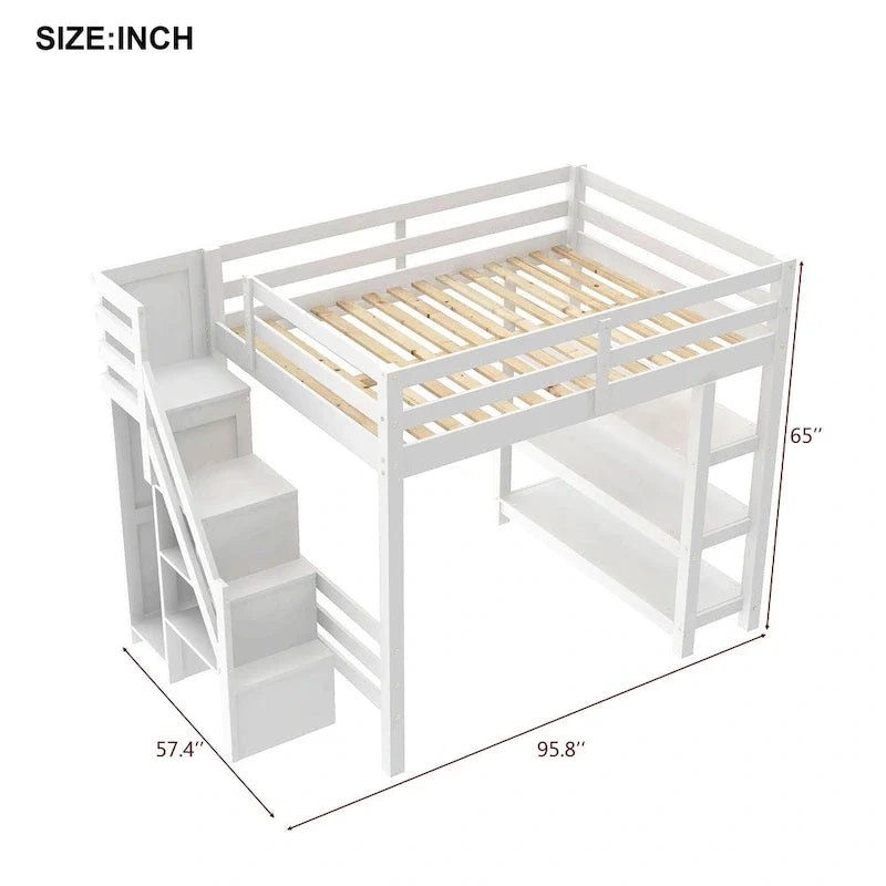 Hochbett mit Stauraumtreppe (Einzel-/Doppelbett) – Regale, Kleiderschrank & LED-Beleuchtung, platzsparendes Design