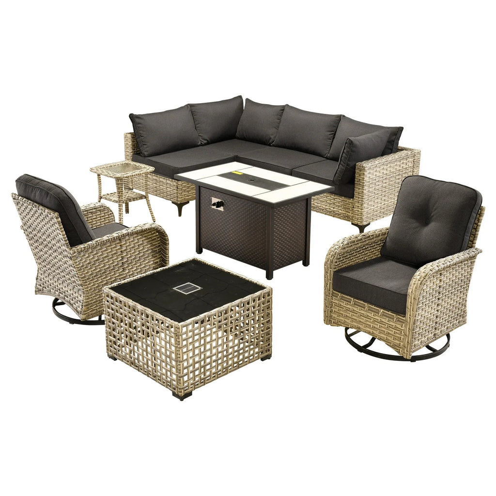 OVIOS 9-teiliges Gartenmöbel-Set aus Korbsessel und Feuertisch
