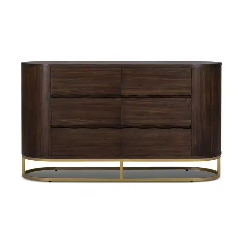 Moderne Kommode mit 6 Schubladen, Baumkanten-Design, Metallgestell und langlebiger Massivholzkonstruktion