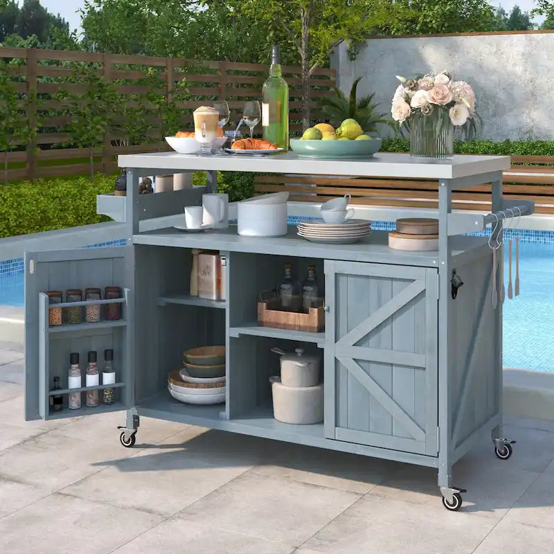 Outdoor-Kücheninsel, rollbarer Barwagen und Aufbewahrungsschrank, Massivholz-Grilltisch mit Edelstahlplatte, Gewürzregal, Handtuchhalter