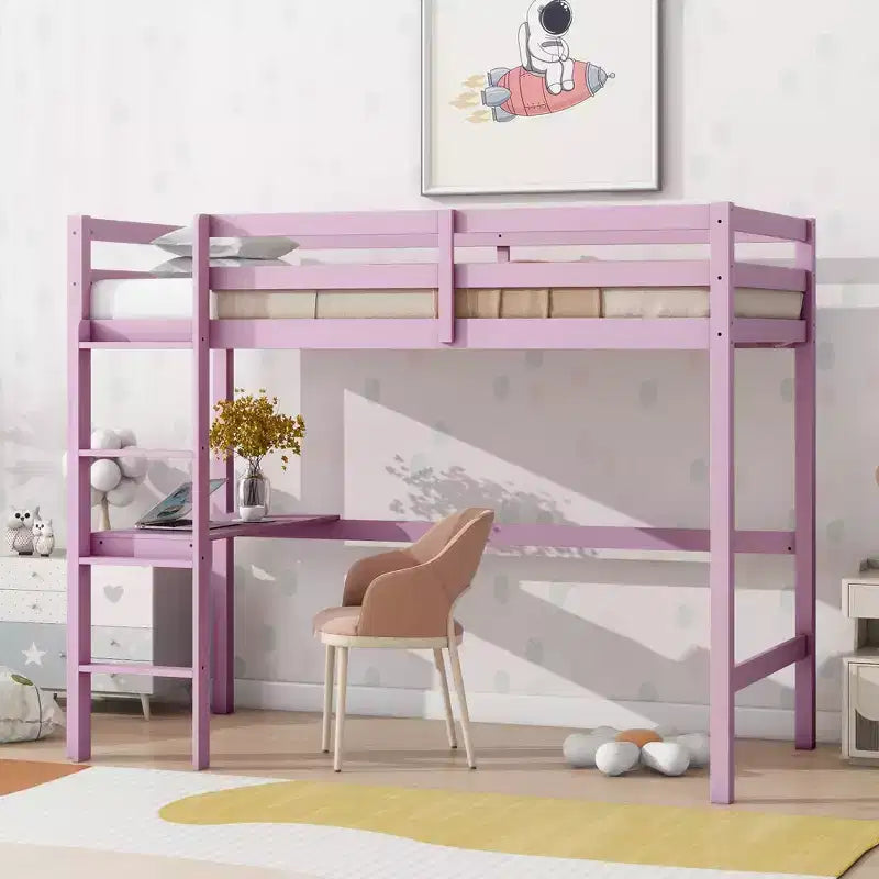 Okak Minimalism Hochbett mit Leiter, Hochbett aus Kautschukholz mit Sicherheitsgeländer und integriertem Schreibtisch, Bettrahmen für Kinder, Jugendliche