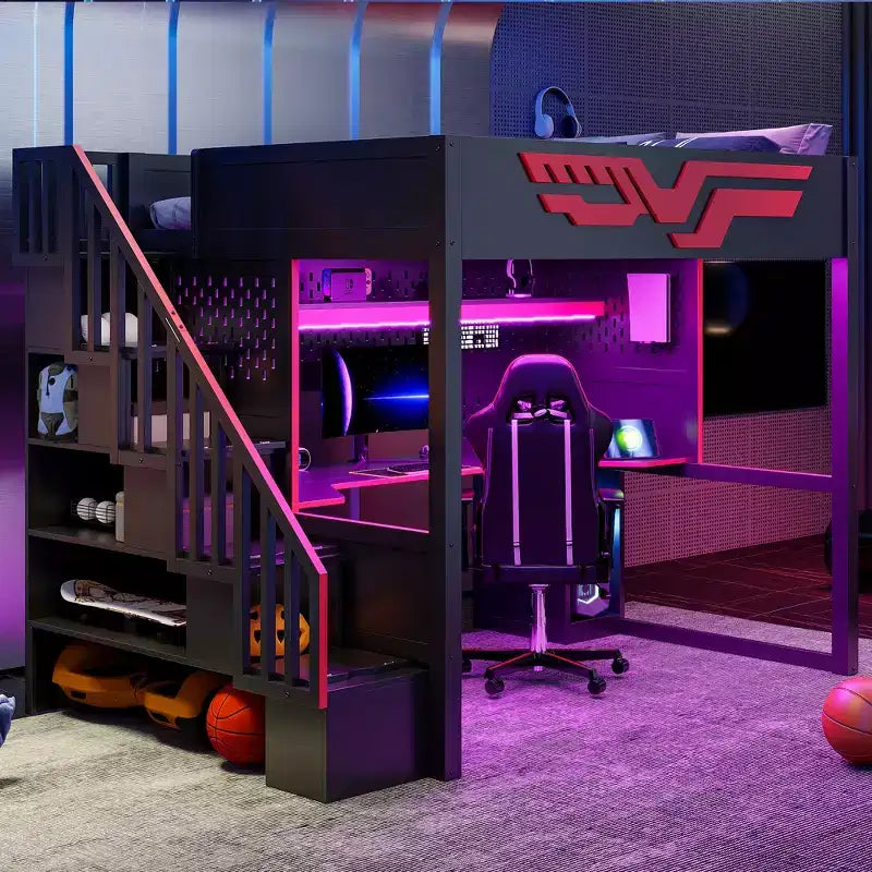 Vollständiges Gaming-Hochbett mit Schreibtisch und LED-Beleuchtung, großes Hochbett aus Holz mit Treppe und Stauraumtreppe sowie USB-Anschluss, Rot+Schwarz